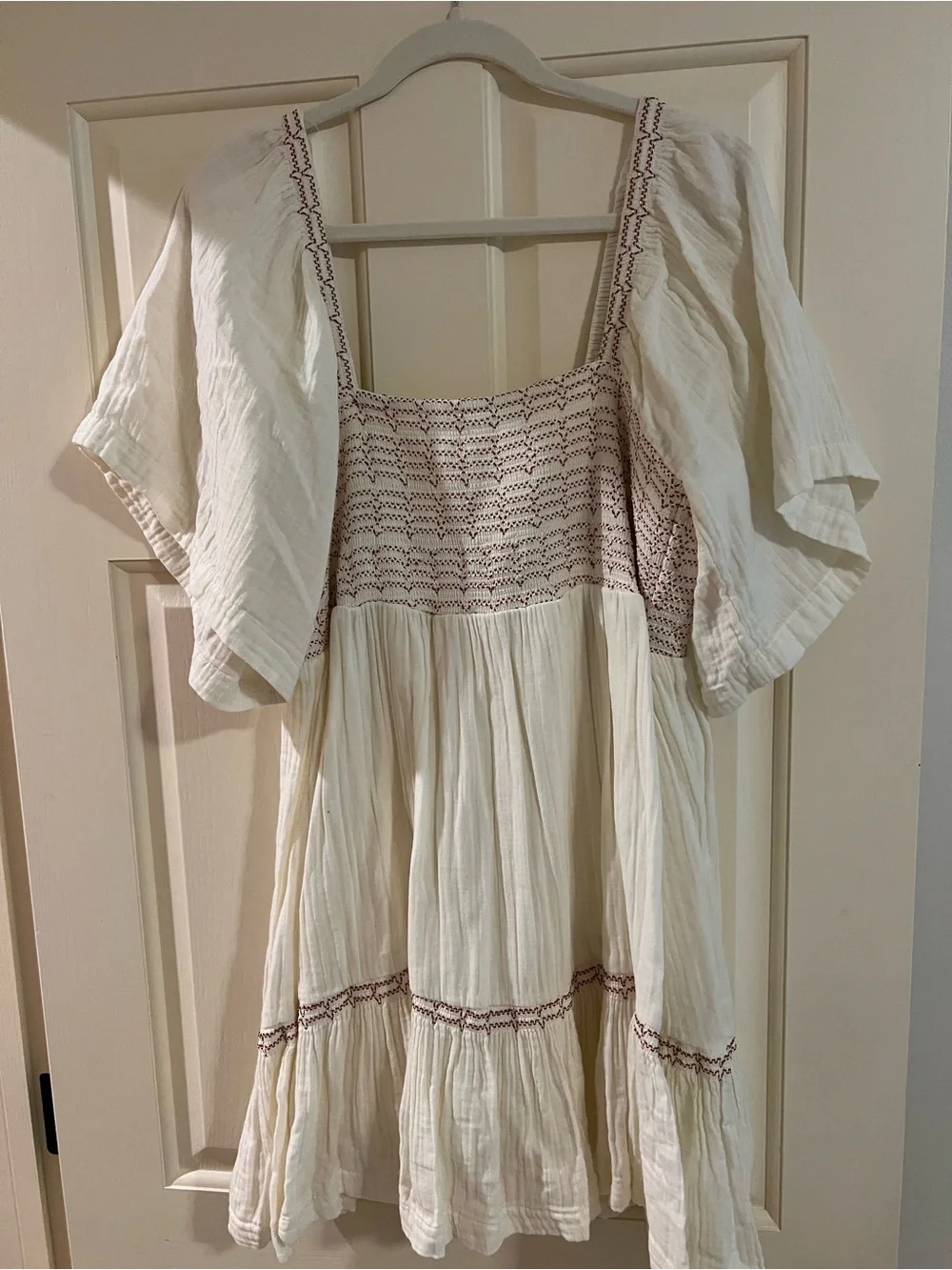Free People Ivory Crinkled Mini Dress with Brown Stitching - Size S
